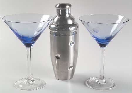 Polka Dot Martini Set (2 Blue Martini Glasses & Shaker