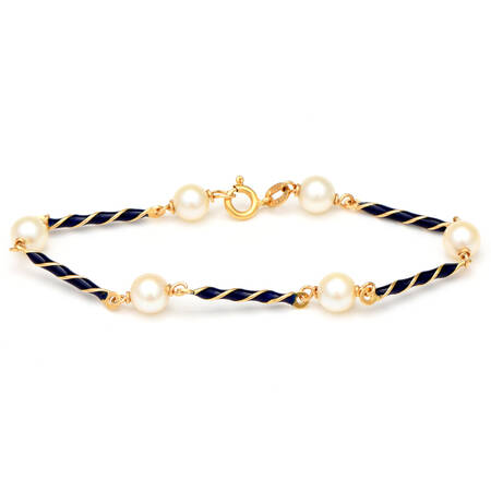 18KY Akoya Pearls & Blue Enamel Swirl Bar Bracelet