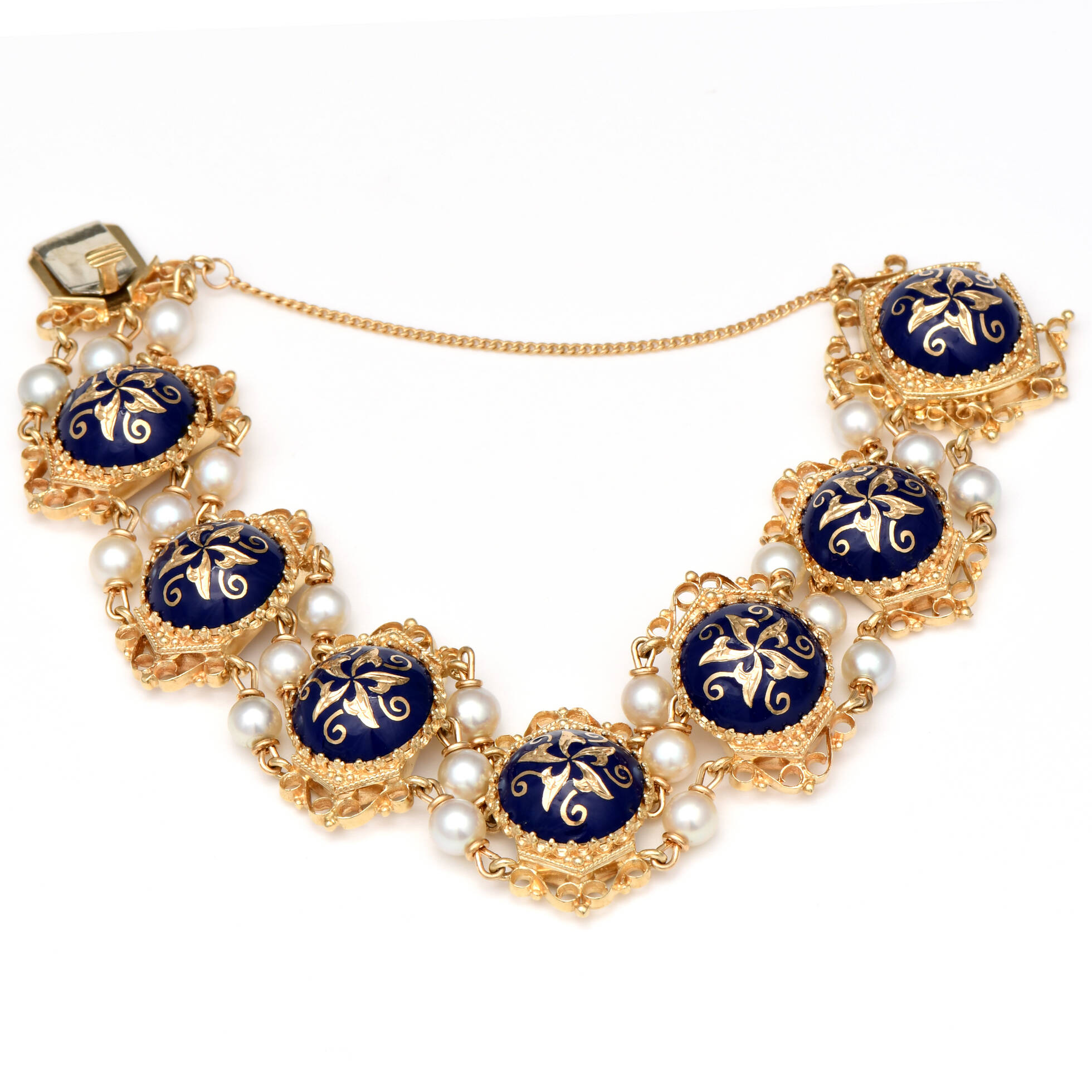14KY Akoya Pearl & Gold Enamel Accent Link Bracelet