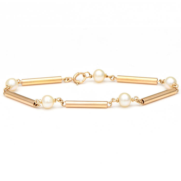 14KY Cultured Pearl & Bar Link Bracelet