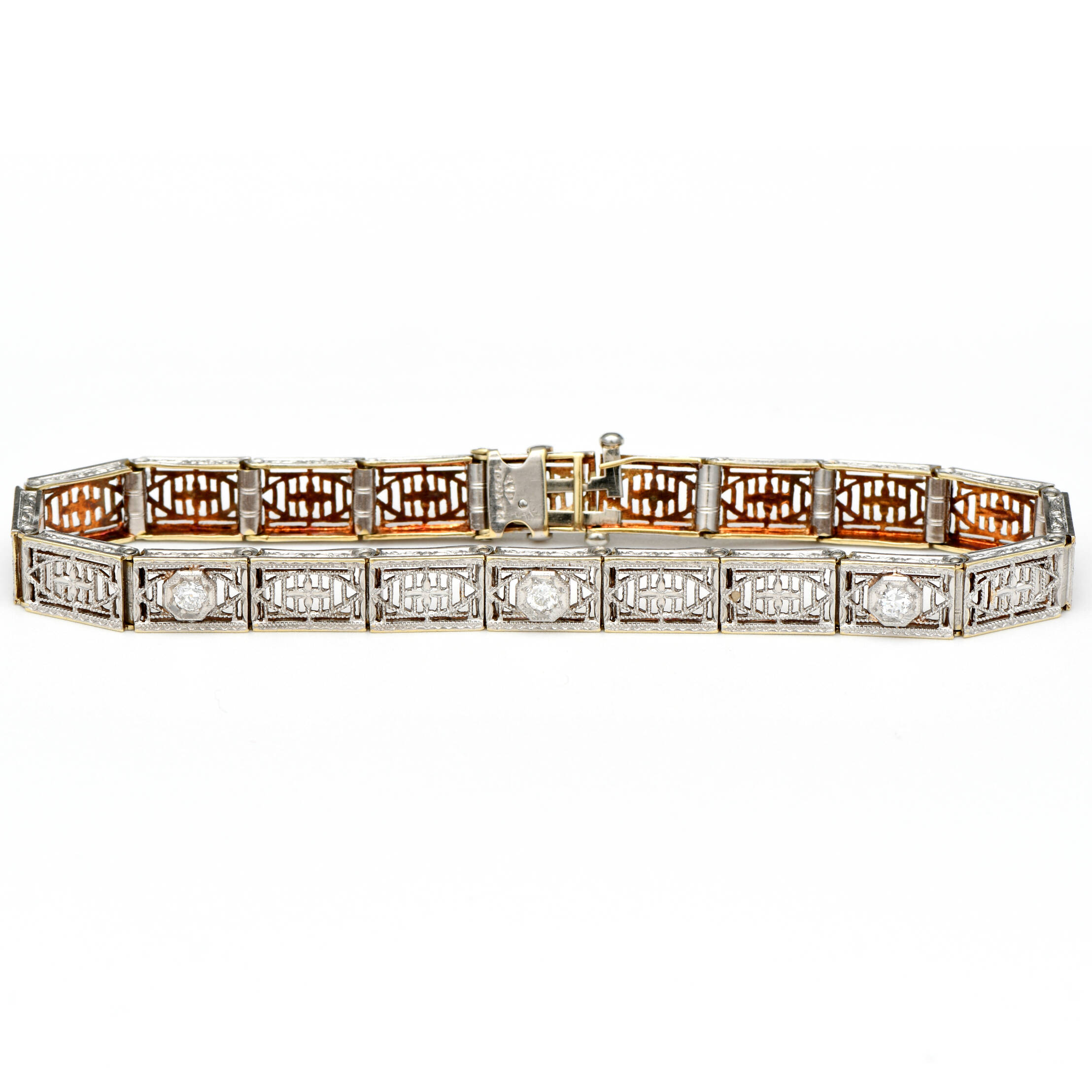Platinum 18KY Art Deco Diamond(0.18) Filigree Line Bracelet