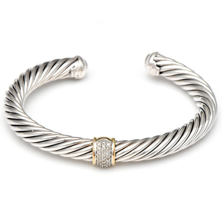 SS 18KY David Yurman Classic Cable Diamond(0.21) Cuff Bracelet