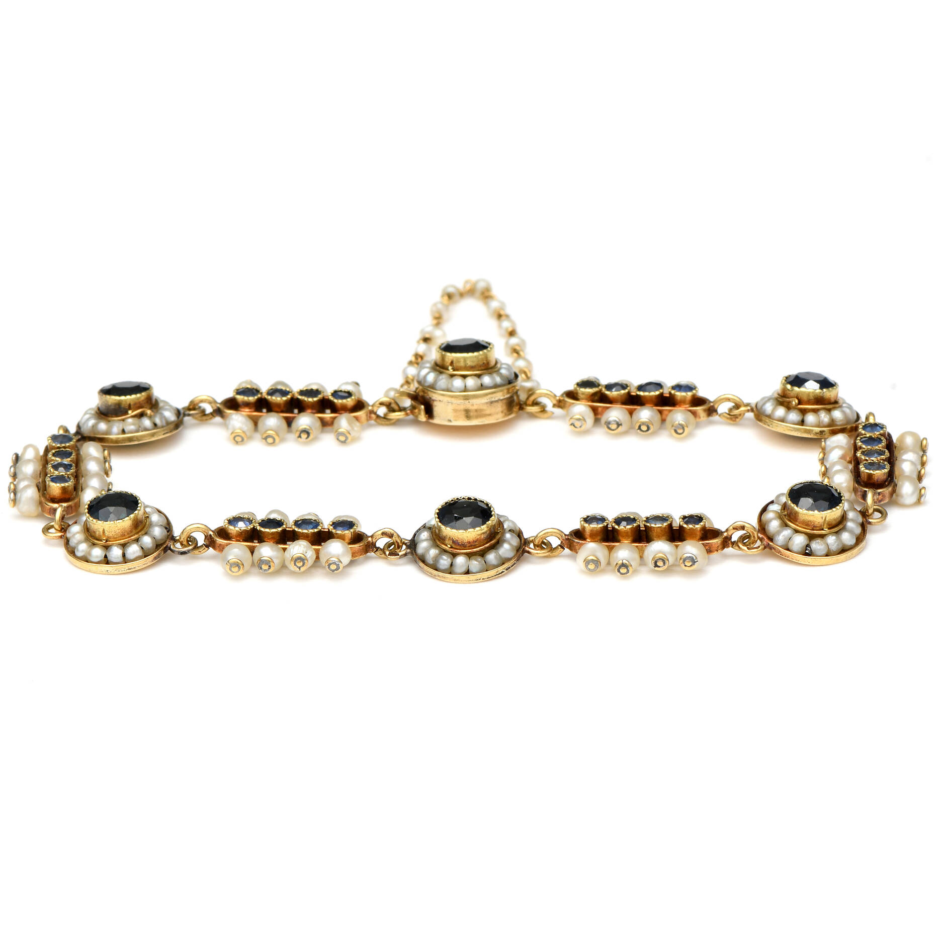 18KY Victorian Sapphire(3.36) & Seed Pearl(2.0mm) Link Bracelet