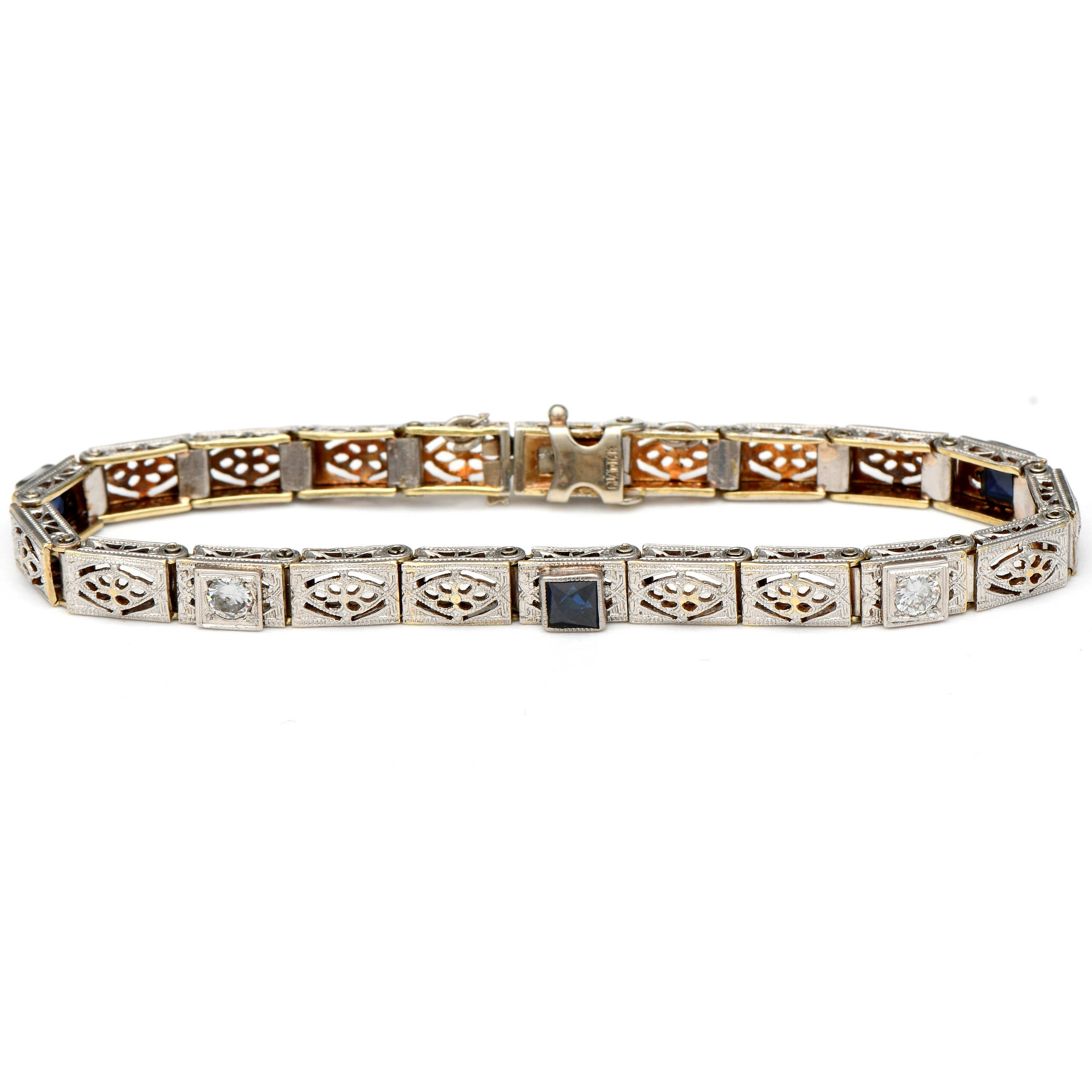 7KWY Art Deco Sapphire(0.90) & Diamond(0.32) Filigree Bracelet
