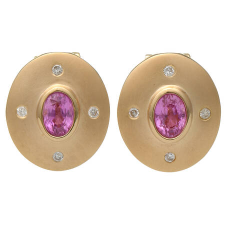 14KY Pink Sapphire & Diamond Button Style Earrings