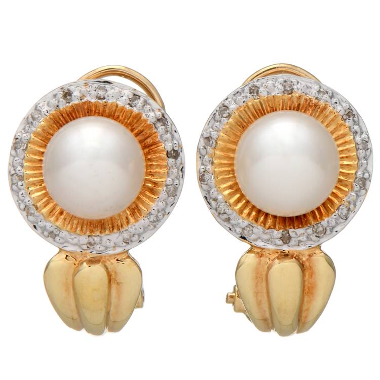14KYW Pearl & Diamond (0.05) Ribbed Drop Earrings