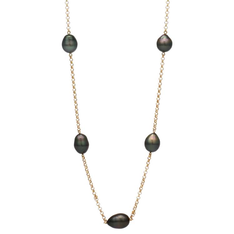 18KY Peacock Tahitian Pearl Station Cable Chain Necklace