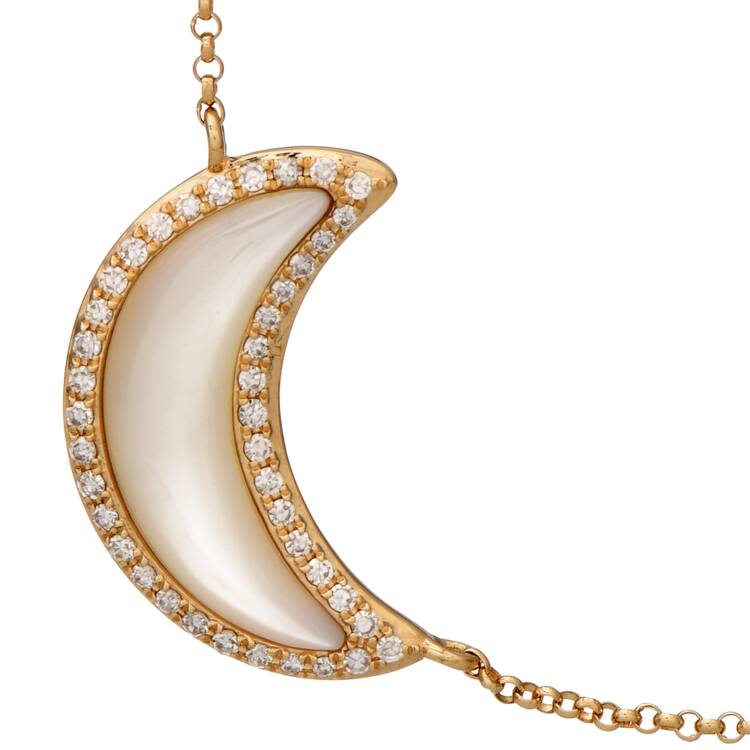14KY Effy Mother of Pearl & Diamond (0.15) Cresent Moon Necklace