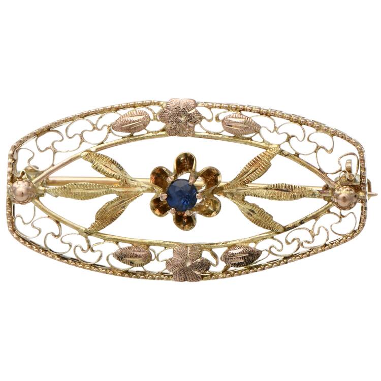 14/10KYR Art Nouveau Blue Sapphire (0.08) Floral Filigree Pin