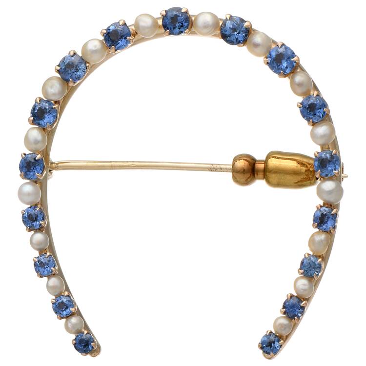 14KY Edwardian Sapphire (0.90) & Seed Pearl Horseshoe Pin