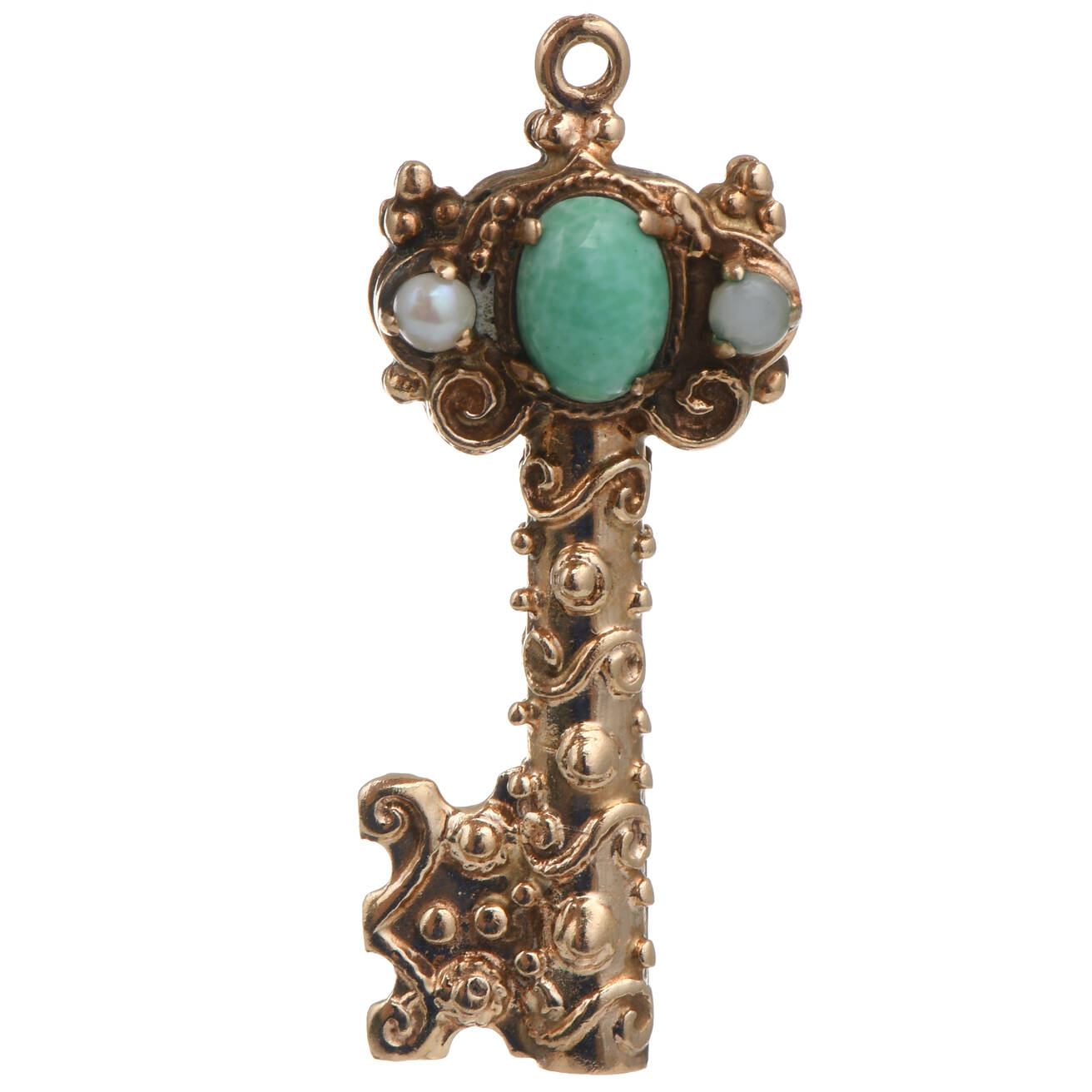10KY Victorian Revival Green Variscite & Pearl Ornate Key Pendant