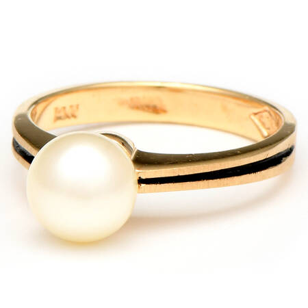 14KY Cultured Pearl with Black Enamel Ring