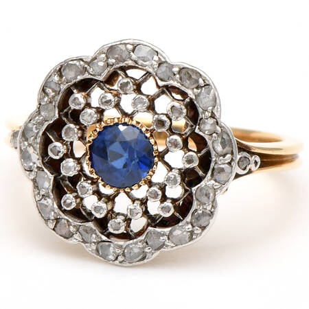 18KY & Platinum Edwardian Sapphire(0.36) & Diamond Lace Ring