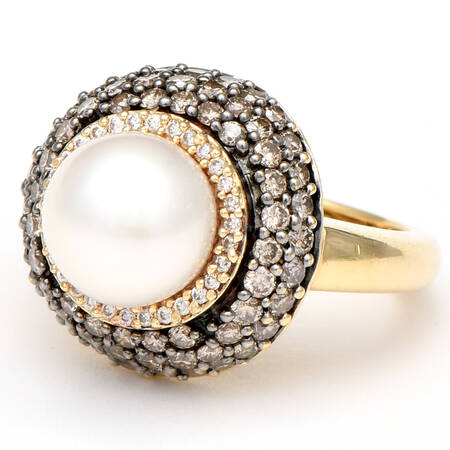 14KYW Akoya Pearl, White & Fancy Brown Diamond (1.04) Halo Ring