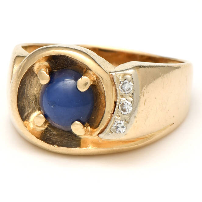 14KY Synthetic Star Sapphire & Diamond Ring