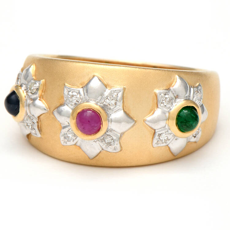 14KYW Ruby, Emerald, Sapphire (0.90) & Diamond (0.04) Band Ring