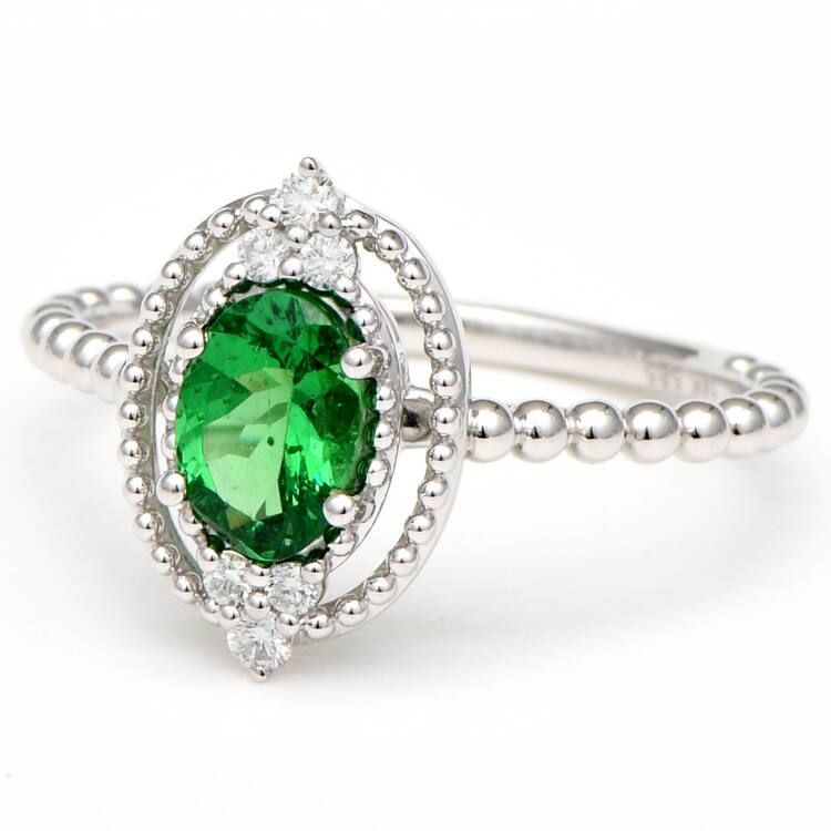 14KW Green Garnet (0.76) & Diamond (0.09) Beaded Halo Ring