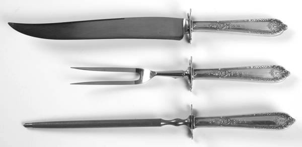 Della Robbia (Sterling, 1922, No Monograms) Large 3-Piece Roast Carving Set w/ Stainless Blade