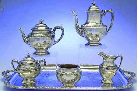 Bridal Bouquet (Sterling, Hollowware) 6 Piece Tea Set (22" Silverplate Tray) Sterling
