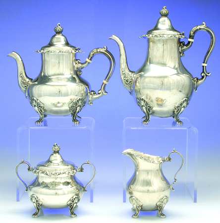 French Scroll (Sterling, 1953, Hollowware) 4 Piece Tea Set (SCP, STP, SCR, SSU)