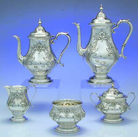 Chateau Rose (Sterling, 1940, Hollowware) 5 Piece Tea Set (SCP, STP, SCR, SSU, SWB)