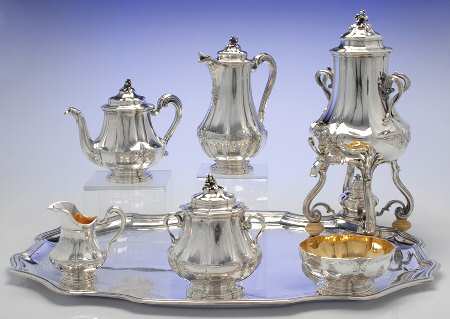 AUD1 (Sterling, Hollowware) 7 Piece Tea Set (SCP, STP, SCR, SSUB, SWB,WT26, URN) by Andre Aucoc