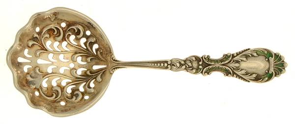 Nautilus (Sterling, 1900) Enamel Handled Solid Pierced Bon Bon Spoon