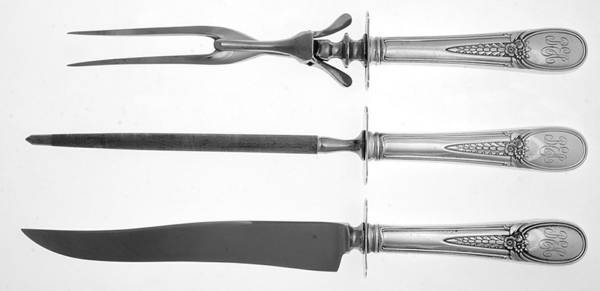 Flowered Antique (Sterling, 1940) 3 Piece Small Carving Set W/Sterling Guard