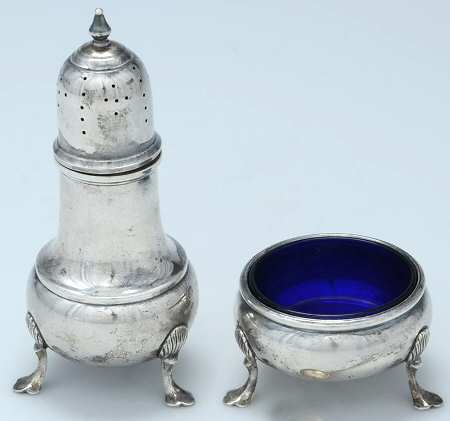 43 (Sterling, Hollowware) Open Salt Master w/Cobalt Liner & Pepper Shaker by Baldwin & Miller