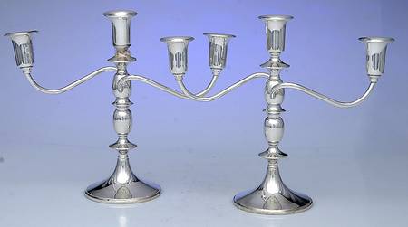 2962 (Sterling, Hollowware) Pair of Weighted 3 Light Candelabra by Baldwin & Miller