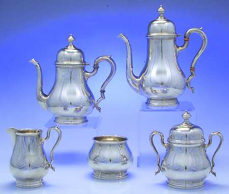 SC523-1 (Sterling, Hollowware) 5 Piece Tea Set (SCP, STP, SCR, SSU, SWB) by Charter Silver Co.