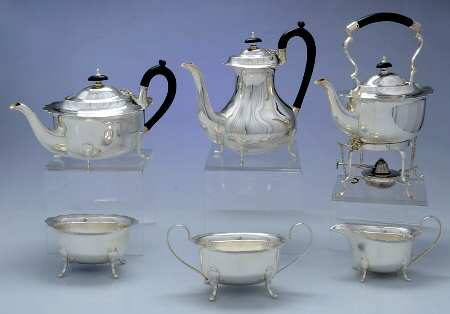 7239 (Silverplate, Hollowware) 6 Piece Tea Set (Coffee, Teapot, Creamer, Open Sugar, Kettle)