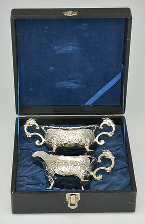C3N1 (Silverplate, Hollowware) Demistasse Creamer & Open Sugar with Case by Carrington & Co