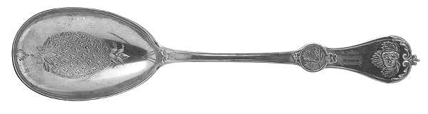 Strawberry (Coin, 1874) Bright Cut Preserve Spoon by Durgin