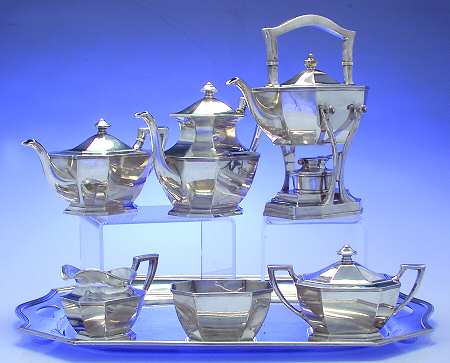 Queen Anne-Plain (Sterling, 1910, Hollowware) 7 Piece Tea Set (SCP, STP, SCR, SSU, SWB, SKES & WTL)