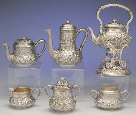104 (Sterling, Hollowware) 6 Piece Tea Set (SCP, STP, SCR, SSU, SWB, SKES)