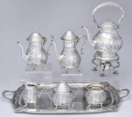 228-H (Sterling, Hollowware) 7 Piece Tea Set (SCP, STP, SCR, SSU, SWB, SKES & WTL) by Durham Sterling