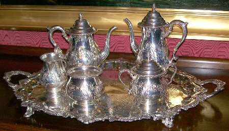 228-H (Sterling, Hollowware) 5 Piece Tea Set (SCP, STP, SCR, SSU, SWB) by Durham Sterling