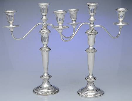 Sterling Hollowware Pair of Weighted 3 Light Candelabra
