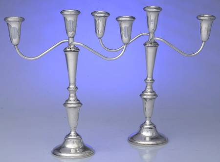 670 (Sterling, Hollowware) Pair of Weighted 3 Light Candelabra