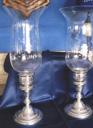 44 (Sterling, Hollowware) Pair of Hurricane Lamps & Globes