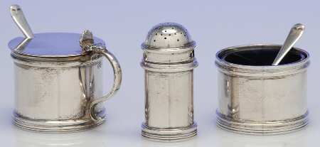 Sterling Hollowware Individual Open Salt, Peper Shaker & Mustard with Spoon by Elkington