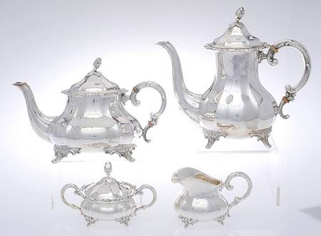 EUF9 (Sterling, Hollowware) 4 Piece Tea Set (SCP, STP, SCR, SSU) by Eugen Ferner