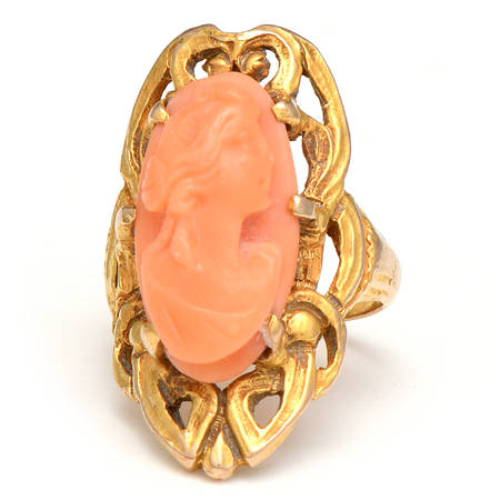 14KY Art Nouveau Lady Coral Cameo Ring