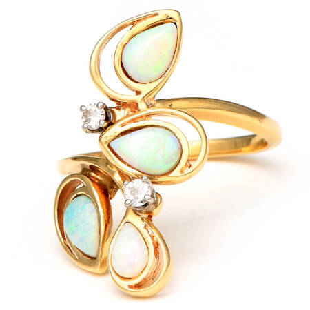 14KY White Opal  And Diamond Spray Ring