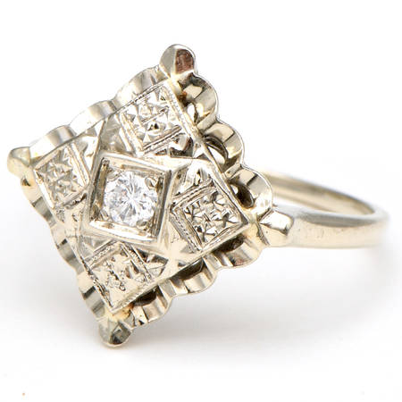 14KW Vintage Inspired Diamond(.10) Square Ring