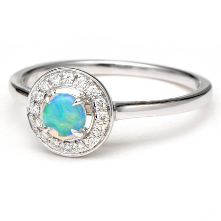 14KW Crystal Opal(0.30) & Diamond(0.08) Halo Ring