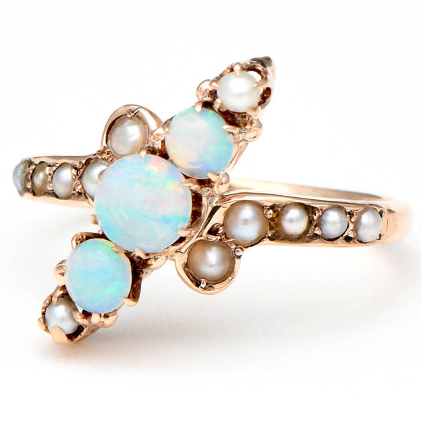 10KR Victorian Diagonal Opal & Seed Pearls Ring