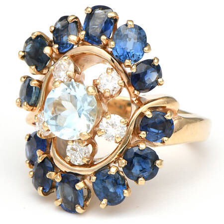 14KY Vintage Aquamarine, Sapphire, & Diamond (4.60) Ring