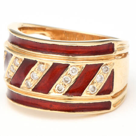 14KY Diamond(0.20) & Red Enamel Band Ring